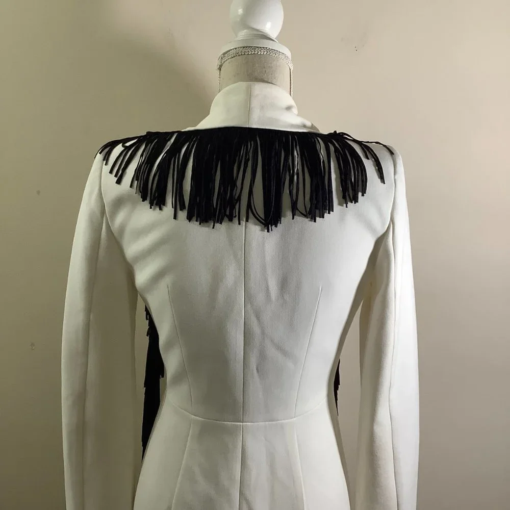BCBGMAXAZRIA Off-White Paola Tassels Trim Blazer Long Size XXS - Picture 6 of 15
